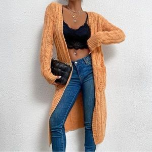Peach Oversized Drop Shoulder Duster Sweater Pointelle Knit Cardigan Size L